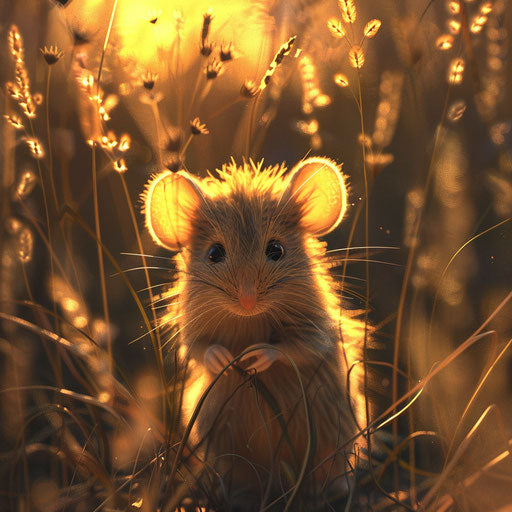 Mouse illuminated by golden hour light in tall grass