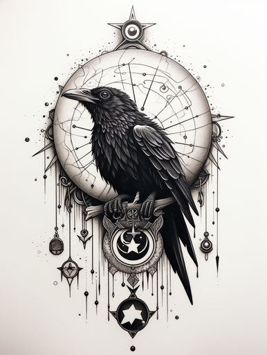 Raven with pendant and crescent moon tattoo