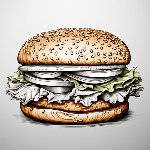 Burger coloring page, focus stacking style, tondo, light gray, flat, dark white and black, UHD image
