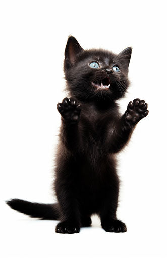 Black kitten on white background, animated exuberance style