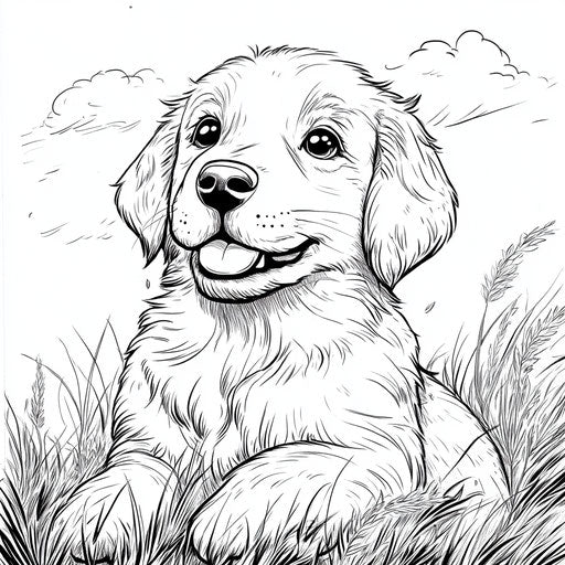 Adorable golden retriever puppy in the style of a Mamoru Hosoda coloring book