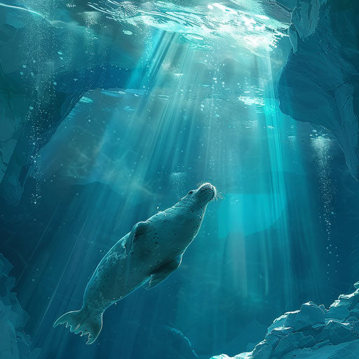 Ethereal underwater scene with walrus seal near icebergs
