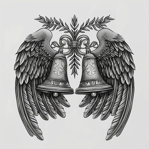 Christmas bells clipart in photo realistic style with a flat random background, monochrome palette and detailed wings