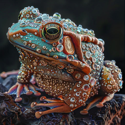 A frog basking in the cool morning mist, water droplets adorning its textured skin like jewels.