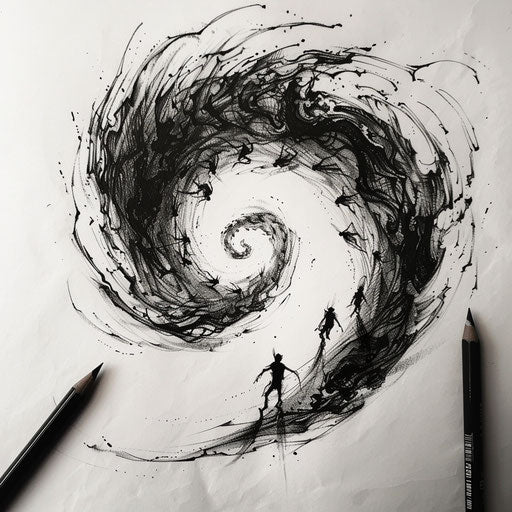 Dynamic flat tattoo sketch of souls ascending and descending in a hellish vortex