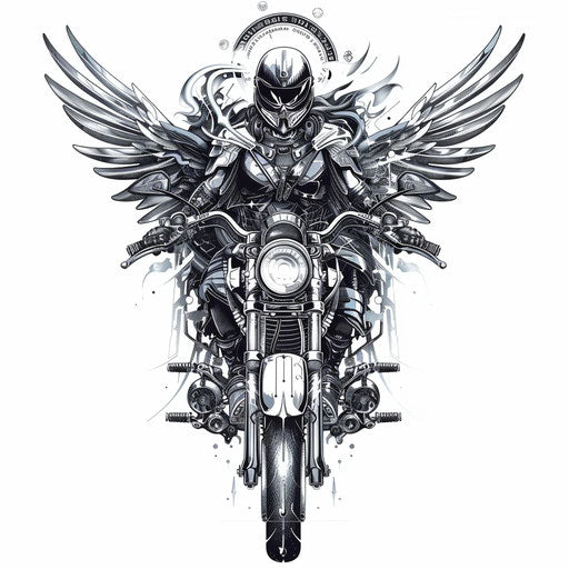 Biomechanical tattoo of Archangel Michael with mechanical bike