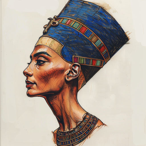 Flat tattoo sketch of Nefertiti with a crown of lapis lazuli and carnelian