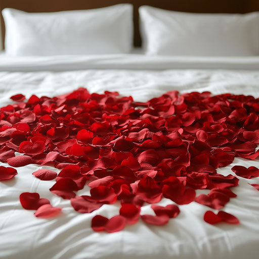 Bed covered with red rose petals in heart shapes