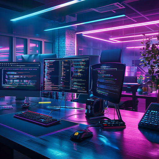 Innovative tech company workspace with coding developers, futuristic gadgets and ergonomic stations