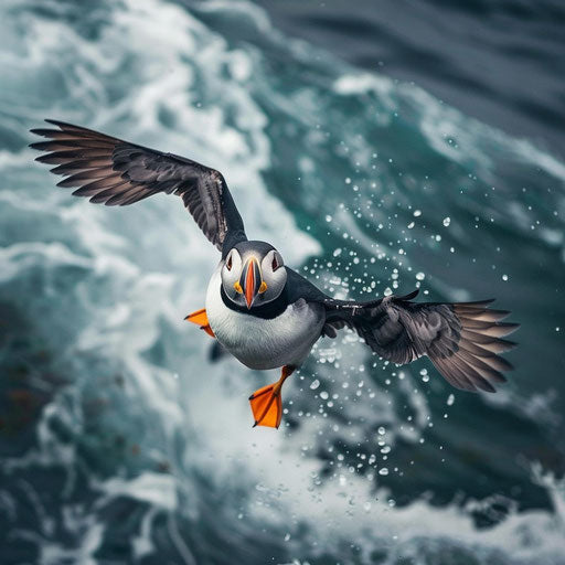 Puffin bird caught mid-flight over the ocean