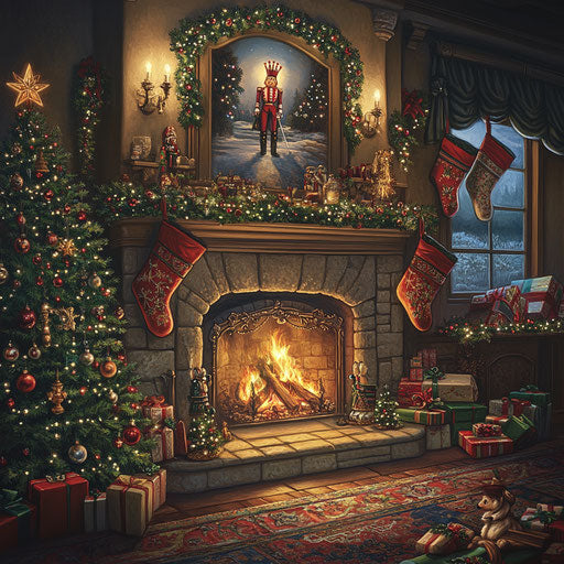 Cozy scene with Nutcracker, stockings, and glowing tree