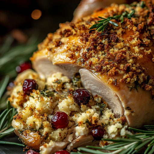 Stuffed turkey with herbs and breadcrumbs, garnished with rosemary and cranberries