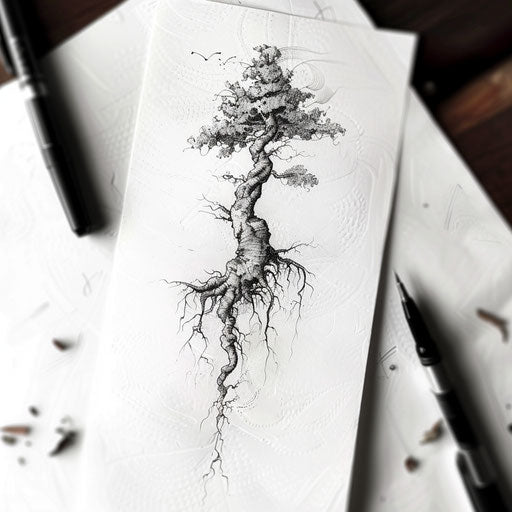 Bold tattoo sketch of a thick root with rugged textured details