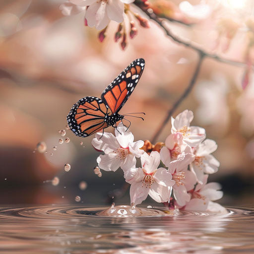 Monarch Butterfly on Cherry Blossom with Gentle Stream