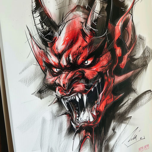 Sketch of a menacing oni demon with vibrant red and black colors on white canvas