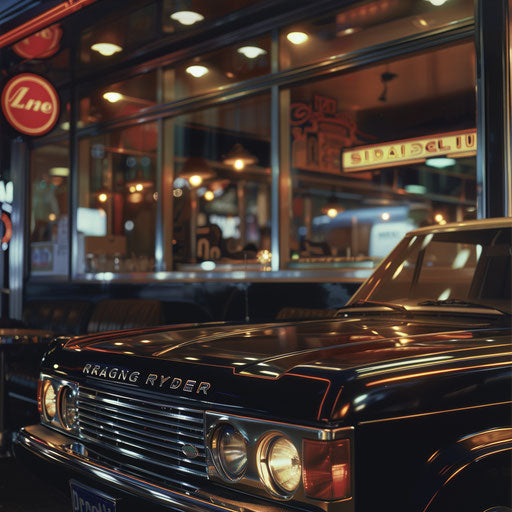 Reflection of a 1980 Range Rover in the polished chrome of a classic diner, evoking a sense of nostalgia and timeless style