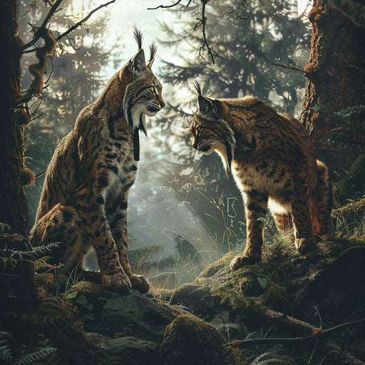 Tense standoff between a lynx and another forest animal