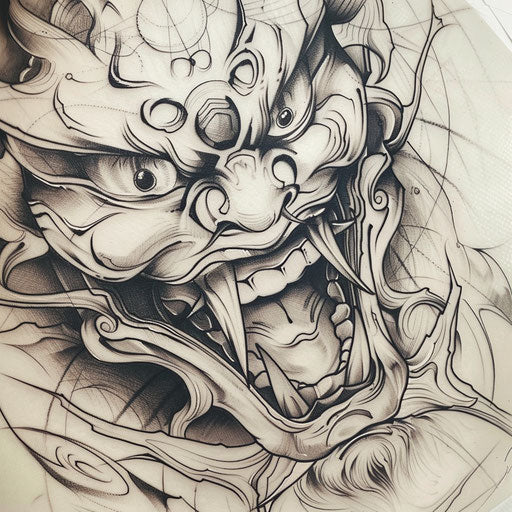 Bold flat tattoo sketch of a Japanese demon's face with intense eyes and snarling mouth
