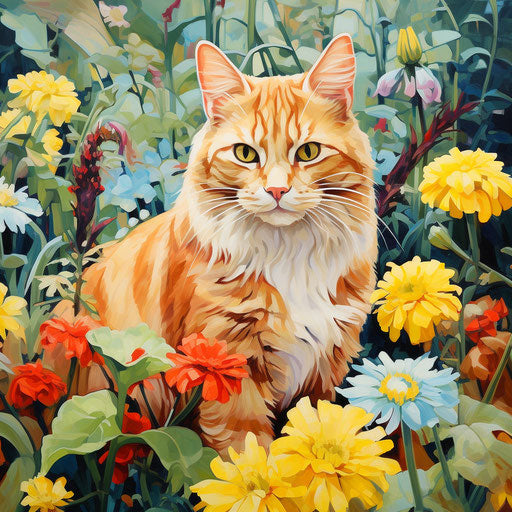 Ginger cat in a flower bed with beautiful flowers