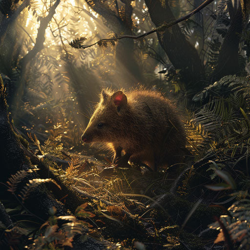 A quokka navigating through ancient forest, illuminated by sunlight.