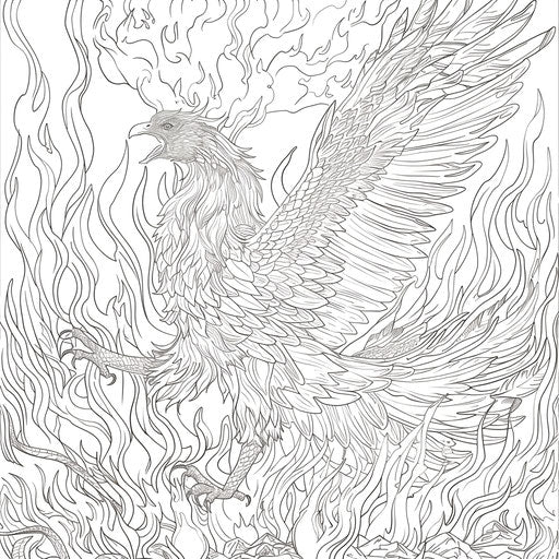 Phoenix rising from flames. Coloring book page