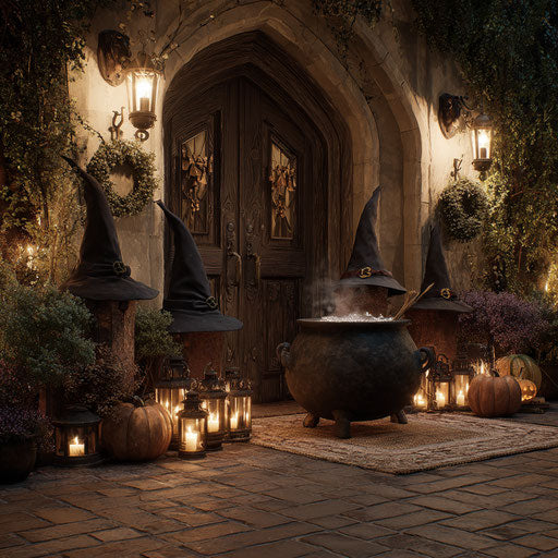 Halloween Entryway with Cauldron and Lit Lanterns