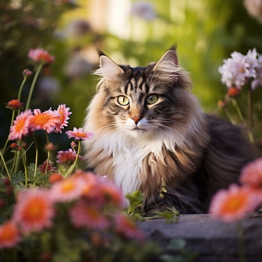 Norwegian forest cat in a flower bed