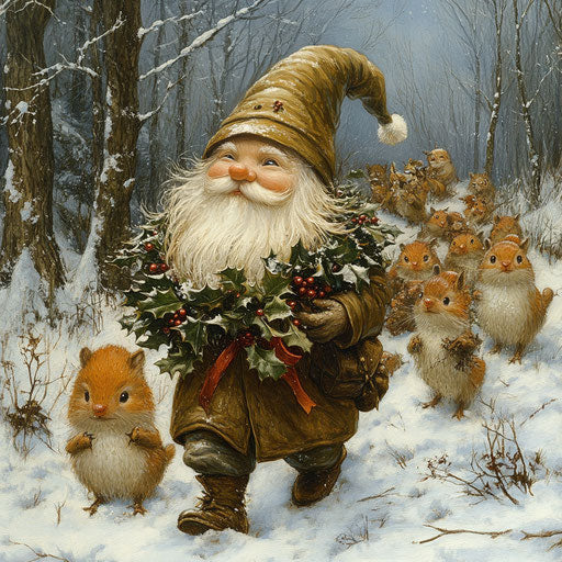 A gnome leading a parade of woodland creatures through the snow