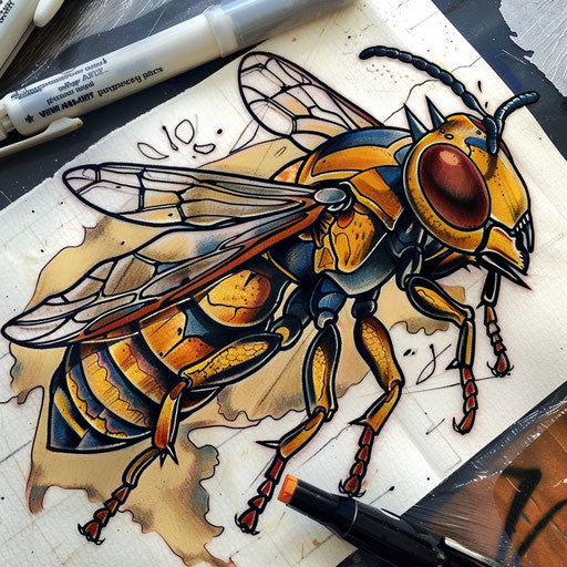 Neo-traditional tattoo sketch of a wasp with saturated colors