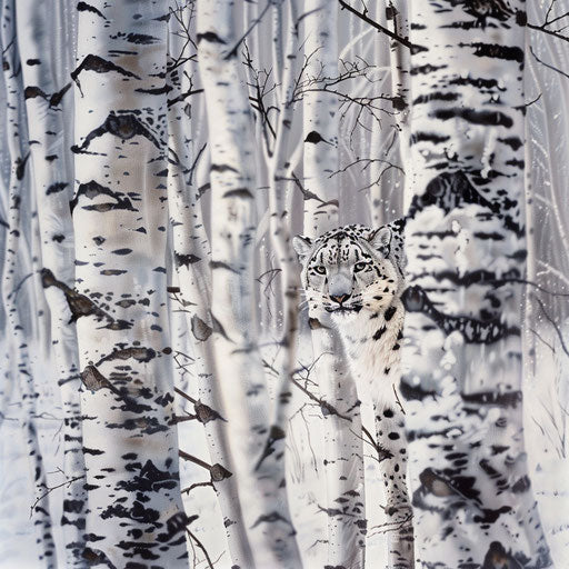 Snow leopard blending in with white birch trees