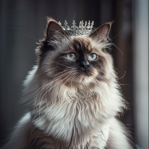 Himalayan cat with regal posture and small crown indoors