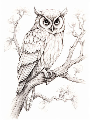 Owl on branch, with rhinestone in eye, clean inking style