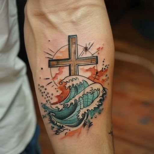 Elegant flat tattoo sketch with watercolor effects of the cruz amidst ocean waves