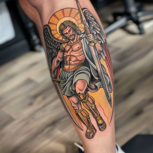 Neo-traditional tattoo of Saint Michael, thick outlines, rich coloring, centered on white background
