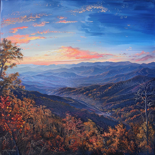 Appalachian mountains in fall, view from top of mountain seeing bustling Gatlinburg in distance at dusk with cotton candy skies