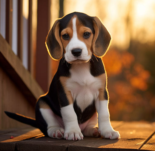 Beagle puppy on the porch, in dark navy and light brown style