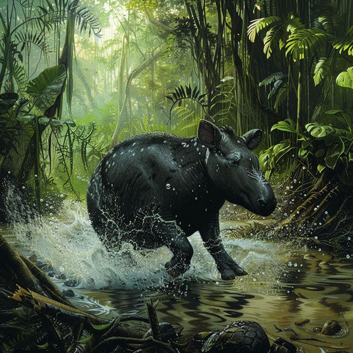 Baird's tapir running through a shallow stream