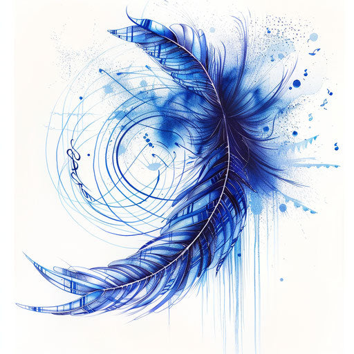 Blue Throat Chakra tattoo design, ethereal feather and sound wave patterns on white background