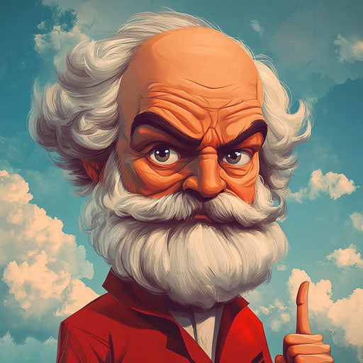Humorous caricature of a Karl Marx caricature clipart with human characteristics, exaggerated arched eyebrows, fingers hands, cloudy sky, vibrant colors, cartoon style, angry, high-resolution, no background, isolated