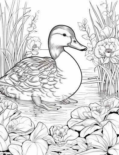 Duck in the pond coloring pages, cartoonish animal depictions