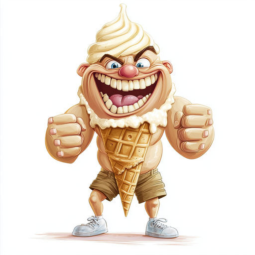Humorous caricature of an ice cream cone with human characteristics