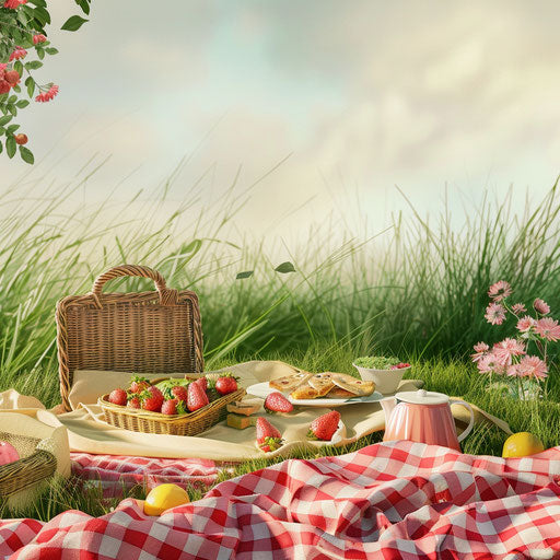 Picnic illustration with flat random background and delicate lines