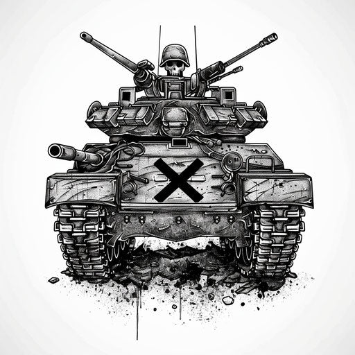 Detailed army tattoo in black ink with tank and crossed rifles