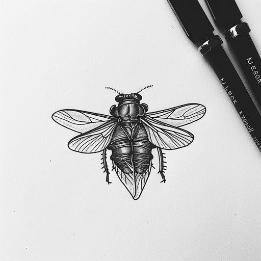 Minimalist black and white tattoo sketch of a cicada in a clean flat style