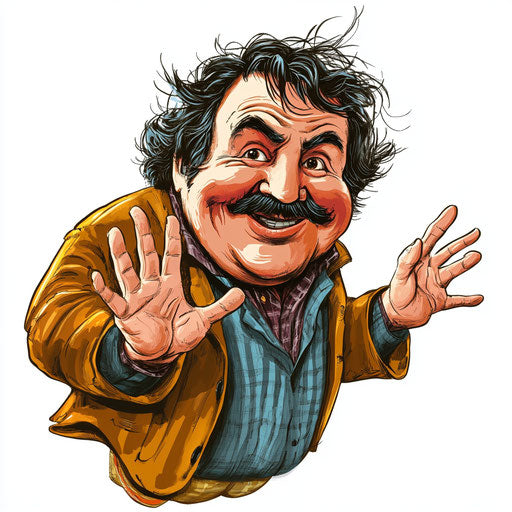 Humorous caricature of a Honoré de Balzac caricature clipart with human characteristics, exaggerated prominent chin, big hands, playful setting, vibrant colors, cartoon style, waving, high-resolution, no background, isolated