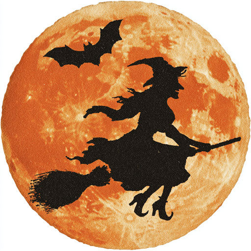 Spooky Witch and Orange Moon at Night