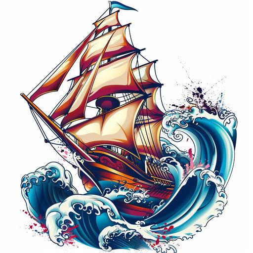Sailing Ship in Stormy Seas, Retro Bold Color Tattoo