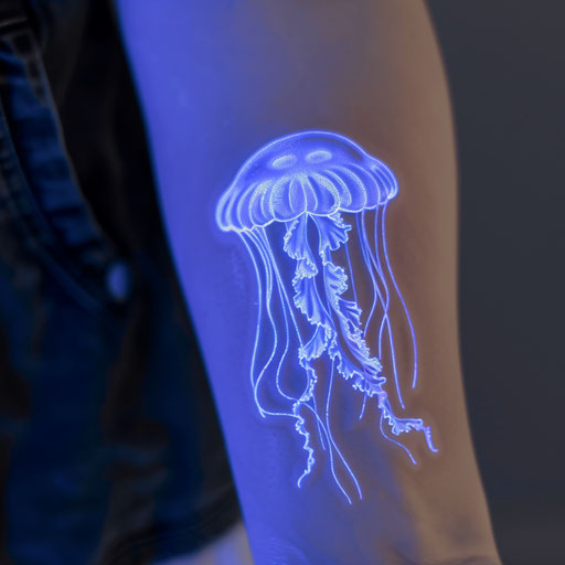 Bright bioluminescent jellyfish tattoo on white background