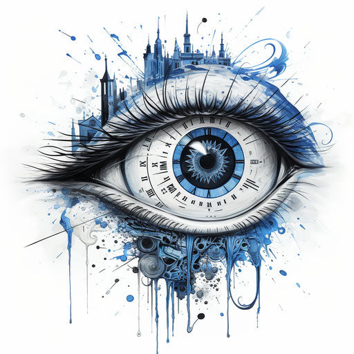 Blue and white eye with blue tint, graffiti-inspired illustrations style