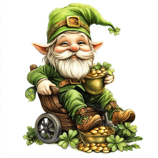 St. Patrick's Day, cute gnome sitting on wheels with pot of gold and shamrock, clipart